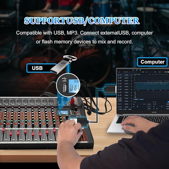 12 Channel Mixer Audio Console, CT-120S Professional Music Mixer DJ Mixing Board with Reverb Bluetooth MP3 Player 48V Phantom Power Supply USB Recording for Studio Karaoke Live Performance
