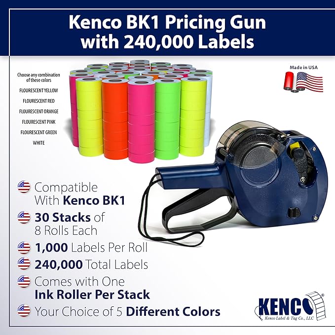 Kenco BK 1 Line Price Gun Kit - Includes 6,000 Labels, 2 Ink Rollers, Label Scraper - 8 Digit Labeler for Pricing, Dating, and Coding (BK-1 KIT 240,000 Labels)