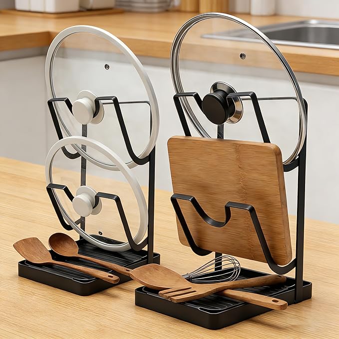 2 Pack Pot Lid Holder While Cooking - Multifunctional Kitchen Pot Lid Storage Rack with Drip Tray, Countertop Lid Organizer & Lid Rack for Pot Lids, Lid and Spoon Rest (Gray)