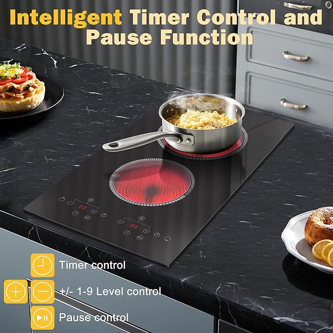 2 Burner Electric Cooktop, 12 Inch Electric Stove Top, 120V Double Burner Countertop Stove 2000W with Timer & 9-Level Adjustment, Sensor Touch Control, Child Lock, Built-in Radiant Cooktop Pladeca