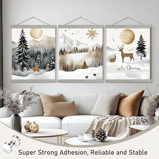 Artmag 2 Pack Magnetic Poster Hanger Frame, 22x34 22x28 22x30 Light Wood Wooden Magnet Canvas Artwork Print Dowel Poster Hangers Frames Hanging Kit (Grey, 22",2 Packs)