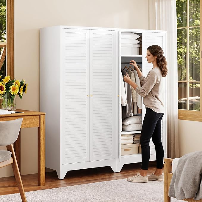 Letaya Metal Wardrobe Cabinets,71" Tall Armoire Wardrobe Closet with Fluted Doors and Shelves,Large Coat Closet Cabinet with Hanging Rod,Clothing Storage Cabinets for Home Room (White)