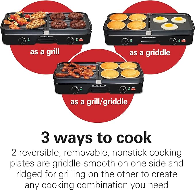 Hamilton Beach 3-in-1 Electric Indoor Grill + Griddle, 8-Serving, Reversible Nonstick Plates, 2 Cooking Zones with Adjustable Temperature (38546), Black
