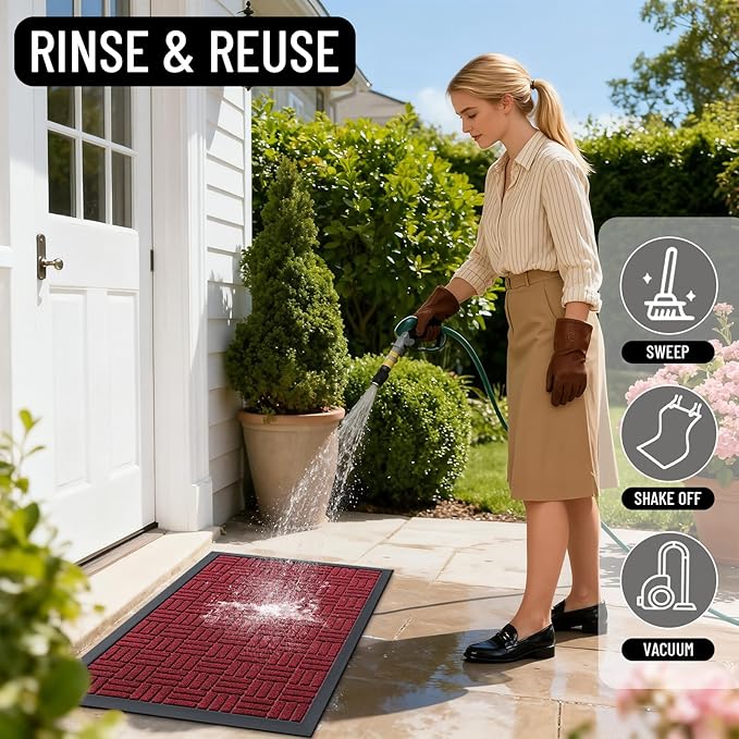 OLANLY Front Door Mat Outside Entrance 29.5x17, Absorbent, Heavy Duty Sturdy Natural Rubber Doormat Indoor Outdoor, Non-Slip, Stain and Fade Resistant, Low Profile Floor Mat for Entryway, Black Red
