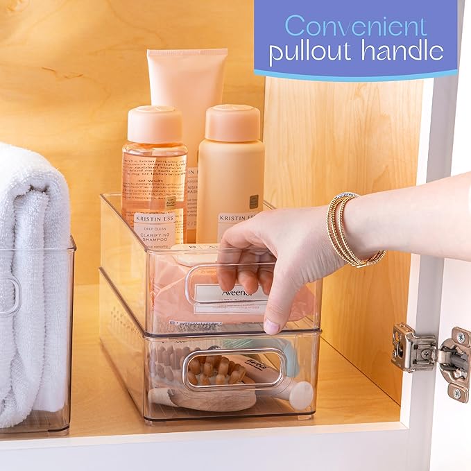 primebox 6 Pack Clear Plastic Organizing Container with Integraged Handles for Home Organization for Kitchen, Pantry, Fridge, Freezer, Cabinet,Bathroom, Stackable. 10"x6"x3"