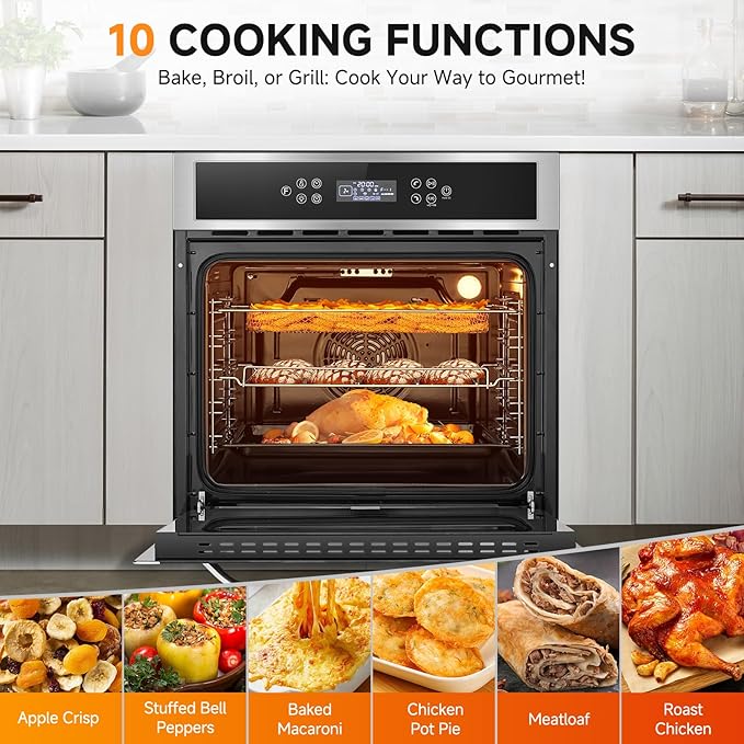 Wall-Oven-24-inch-Wall-Oven, Electric Wall Oven 24 inch, 2.5 Cu.Ft. Single Wall Oven with Frying Basket, 10 Cooking Functions & 8 Shortcut Menu 2800W Built-in Convection Oven