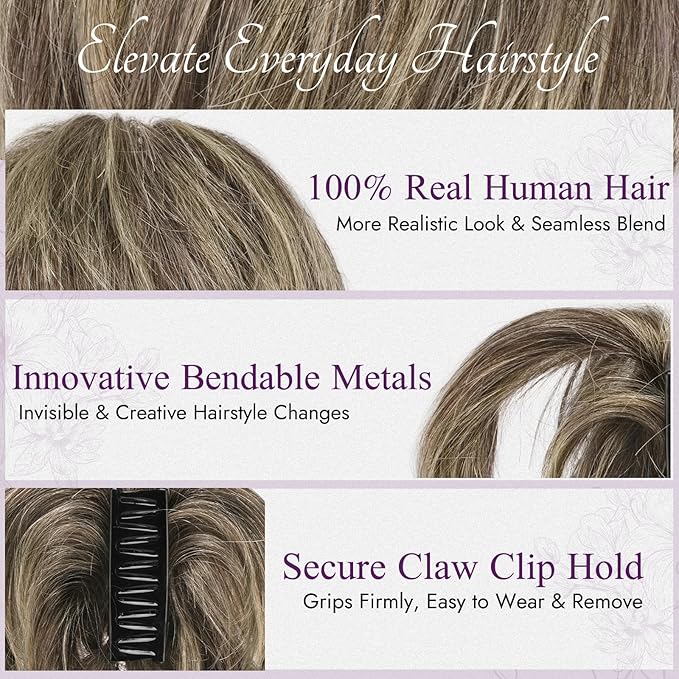 BARSDAR Claw Clip Short Human Hair Ponytail Extension with Bendable Metals - DIY 8 Inch Real Human Hair Brown Mix Blonde Messy Bun Hairpieces for Women - Thick Natural Short Ponytail Daily