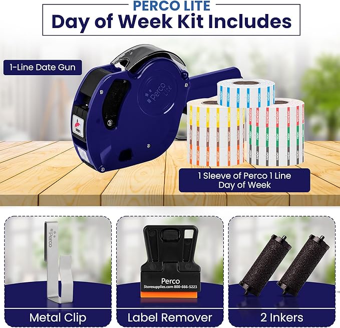 Perco Lite 1 Line Date Gun with Day of Week Labels Kit - Includes Perco Lite Date-Marking Gun, 1 Sleeve (7 Rolls) of Day of Week Labels (Full Week), 1 Scraper, 2 Ink Rollers (1 Preloaded) & 1 Gun Clip
