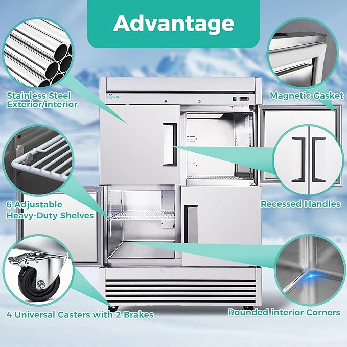 54" Commercial Refrigerator 49 Cu.Ft, Stainless Steel Half-Door Reach-in Fridge, 33-40℉, Air Cooling, LED Light, 6 Shelves, R290, ETL