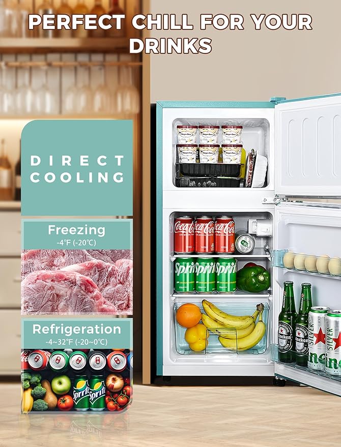 3.2 Cu.Ft Fridge with Freezer with 2 Doors, Refrigerator with 7 Level Temperatures, LED Light, Adjustable Shelves, Food Storage Cooling Drink for Bedroom, Office, Dorm, Apartment, Blue