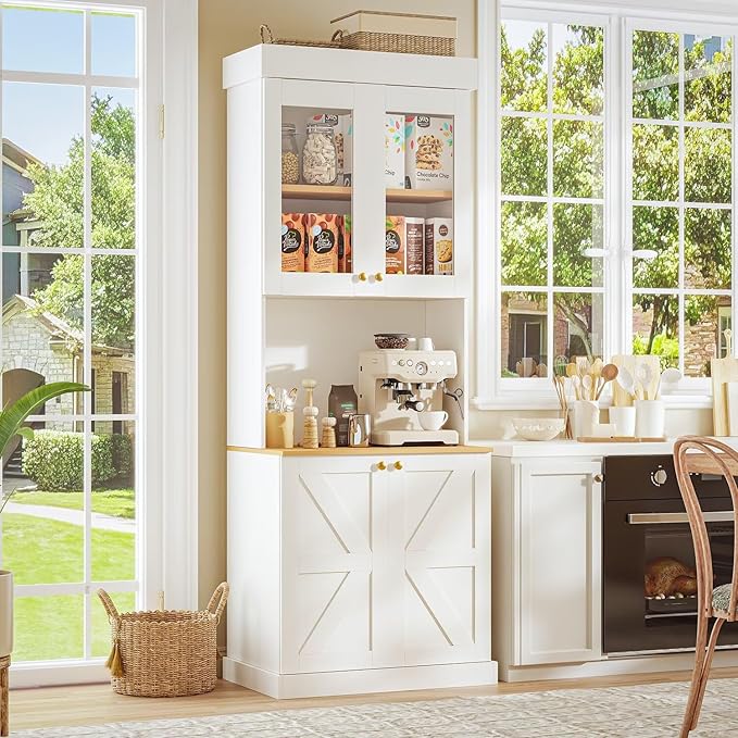 Vyre 71" Farmhouse Kitchen Pantry Cabinet, White Freestanding Coffee Bar Hutch with Glass Doors & Adjustable Shelves, Large Storage Cabinet with Microwave Stand for Living Room & Kitchen