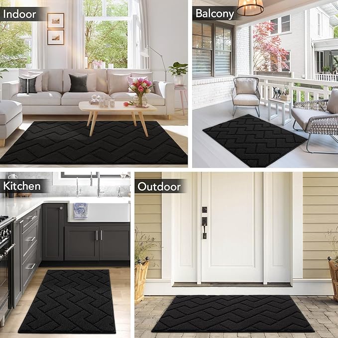 hicorfe Dirt Trapper Indoor Doormat,20"x48" Welcome Door mat,Non Slip Backing Washable Door Mats,Absorbent and Resistant Low-Profile Entrance Inside Floor Mat for Front Back Door,Entryway (Black)