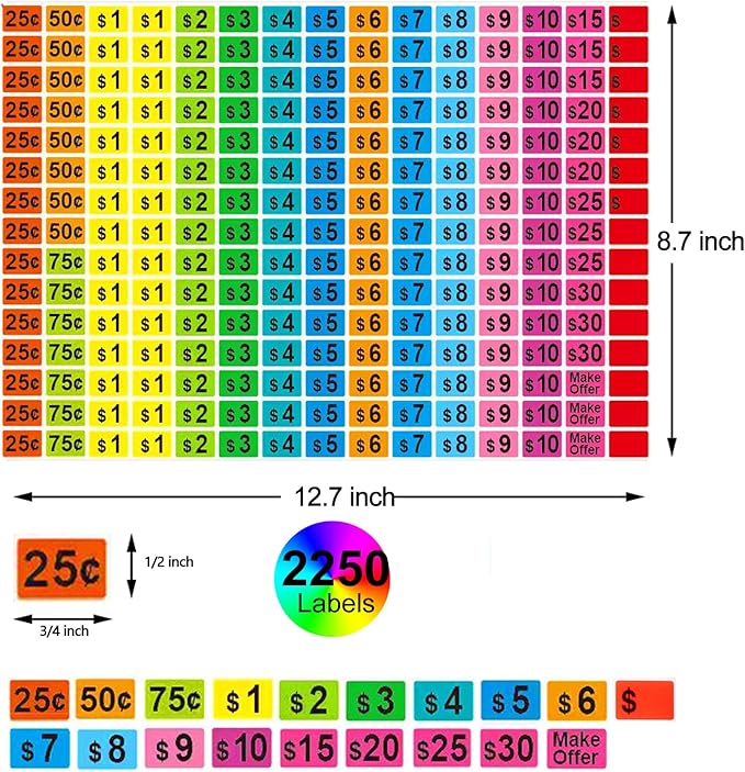 2250 Pcs Garage Sale Stickers, Yard Sale Price Stickers, Price Tag Labels Stickers for Yard Sale Supplies, Garage Sale Supplies, 1/2" X 3/4" Removable Pricing Labels