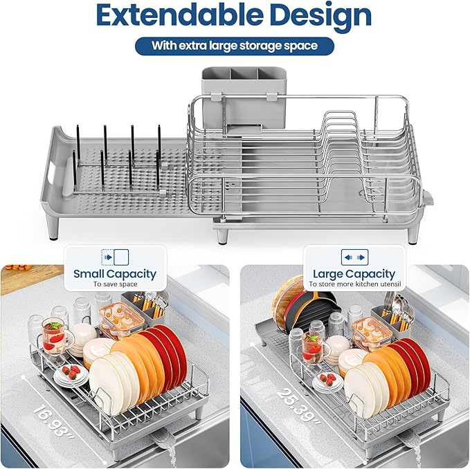 TOOLF Expandable Dish Rack, Dish Drying Rack for Kitchen Counter, Foldable Dish Dryer Rack, Stainless Steel Dish Drainer Racks with Cutlery Holder, Collapsible Dish Drying Racks Large Size,Gray