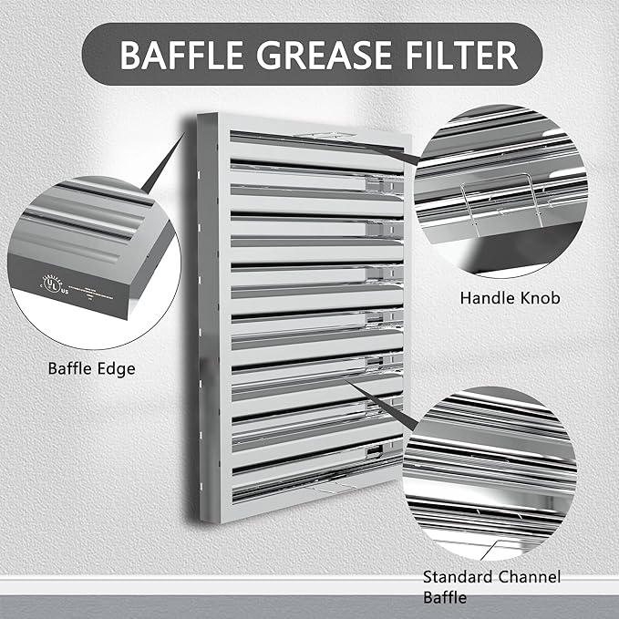 Stainless Steel Commercial Kitchen Hood Filter, Range Hood Baffle Grease Filter for Restaurant Exhaust Hoods, UL/NSF Listed, 19.5W x 24.5H Inch 7 Grooves Hood Filters（5 Pack）