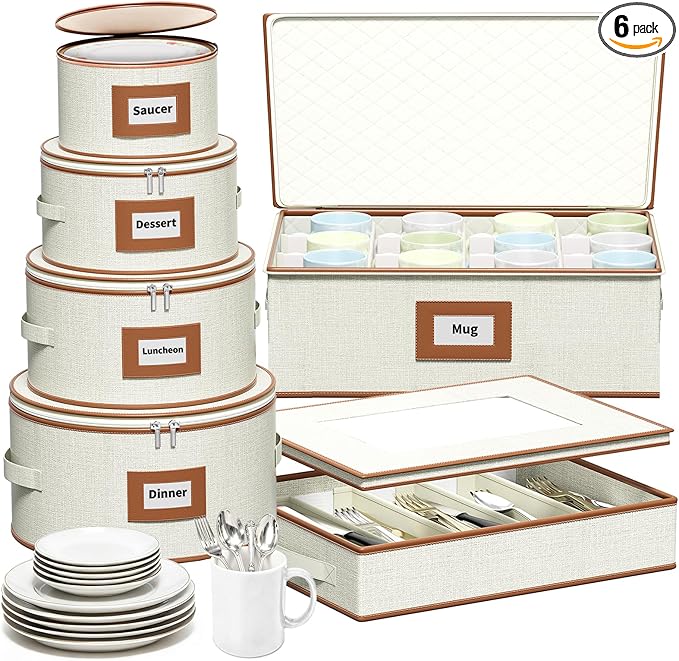 Aokeyee 6-Piece China Storage Containers Set, Hard Shell Moving Boxes for Dishes, Plates, Mugs & Flatware – Dinnerware Organizer with Soft Dividers, Sturdy Handles & Zippers, Ivory