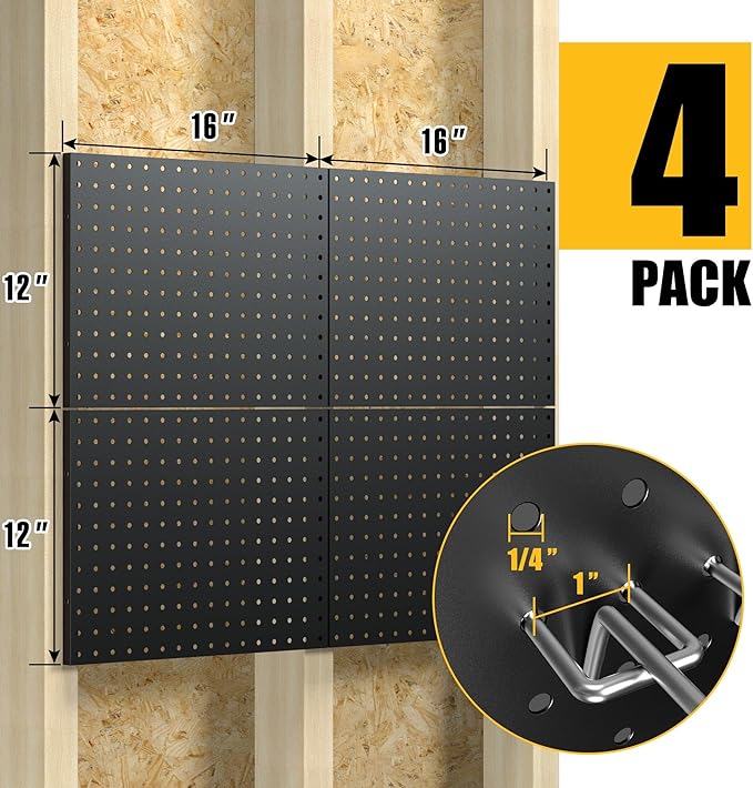 Peg Board, 4 Pack Metal Pegboard Panels with 50 Hooks, Black Pegboards Wall Organizer, Heavy Duty Peg Board for Walls Home, Garage Tool Storage, Office Organization, Craft Room, Kitchen