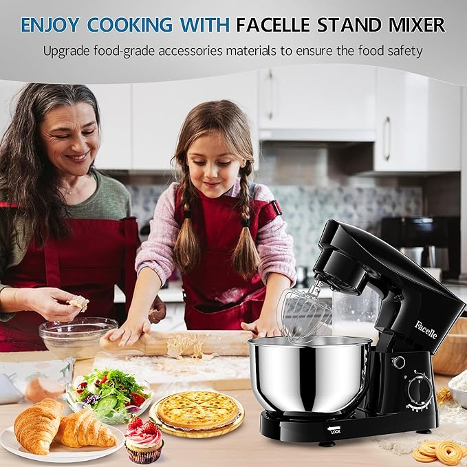 Facelle Stand Mixer, 10-Speed 6QT Kitchen Electric Mixer, Tilt-Head Food mixer with Beater, Dough Hook, Wire Whip and Egg Separator, scraper for Most Home Cooks (Black)