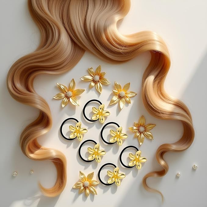 6PCS Gold Floral Hair Ties - Hair Charms Gold Ponytail Holders, Decorative Metal Hair Cuffs for Women