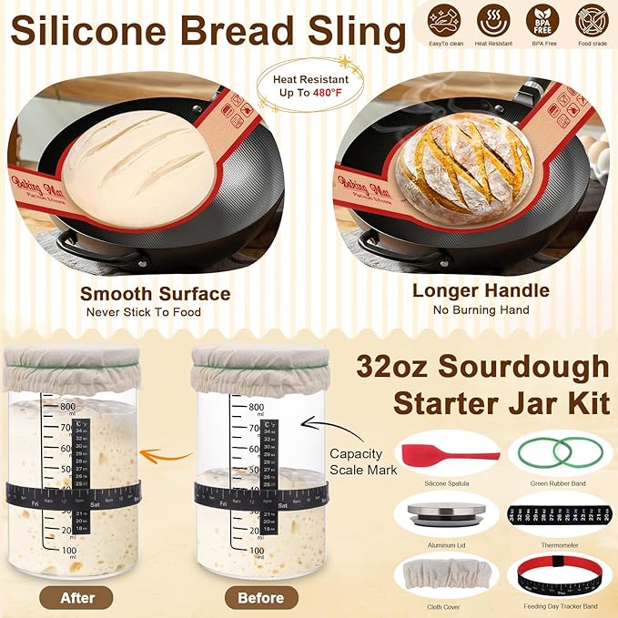 Sourdough Bread Baking Supplies, Complete Sourdough Starter Kit, 9" Round & 10" Oval Bread Proofing Basket with Sour dough Starter Jar, Bread Making Tools Gifts for Bakers Women Wife Mom