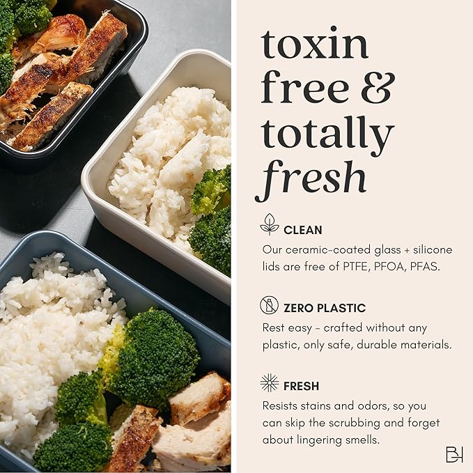 Ceramic Coated Glass Food Storage Container | No PTFE, PFOA, PFAS, and BPA | Reusable Non Toxic Meal Prep Container with Glass Lid | Easy To Store | 3 Cup Rectangle [Pine]