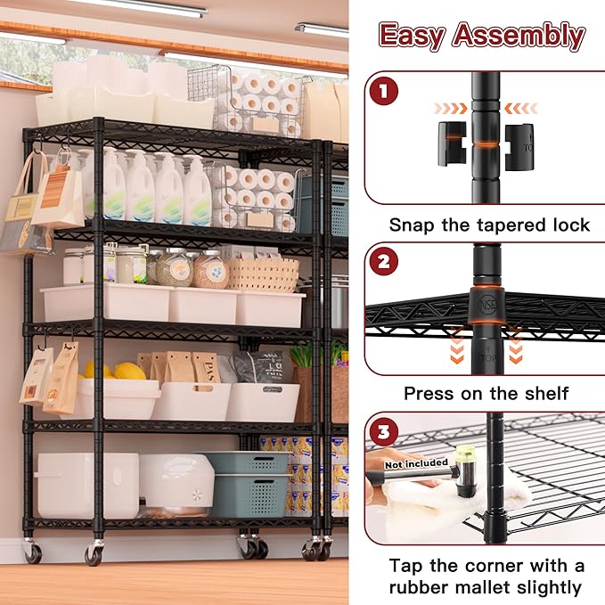 PrimeZone 74''H Wire Shelving 1250lbs 5 Tier Storage Shelves with Wheels NSF Certified Heavy Duty Steel Metal Shelf Adjustable Rolling Rack Kitchen Garage Closet Pantry Laundry 74''HX36''WX14''D 4PCS