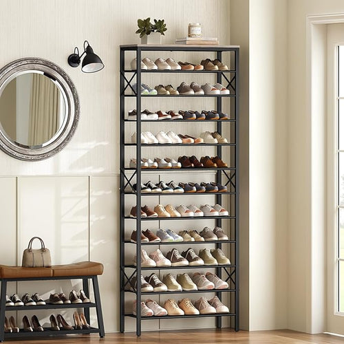 12 Tier Shoe Rack, Large Capacity Shoe Storage Organizer Holds 48 Pairs, Sturdy and Stable, for Entryway, Hallway, Closet, Dorm Room, Greige and Black SS12BG