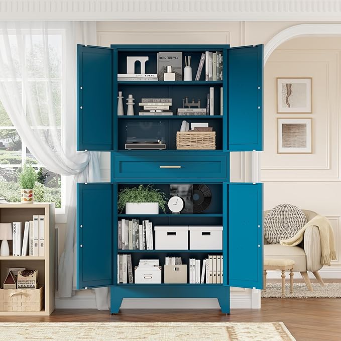 Metal Storage Cabinet with Drawer, 71" Tall Storage Cabinets with Adjustable Shelves,Blue Farmhouse Freestanding Kitchen Pantry Cabinet for Dining Room, Living Room