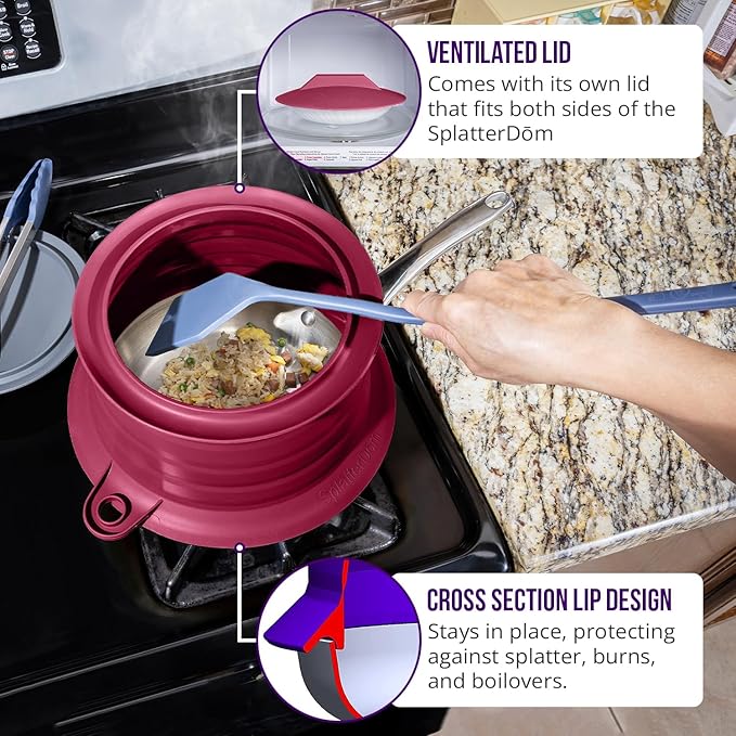 L.I.Q Silicone Splatter Guard – Fits 8 and 10 Inch Pots (20 and 25 Centimeters) – Microwave Safe and Durable SplatterDom - Includes 8” Lid - Food and Oil Splash Guard (Bordeaux, Small)