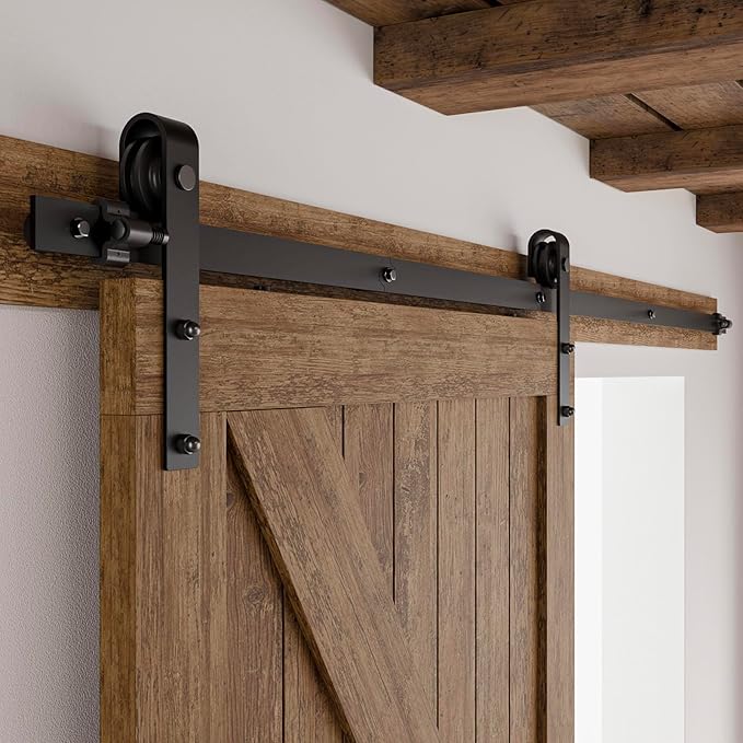 CCJH 11FT Single Sliding Barn Door Hardware Kit Black Basic Roller Carbon Steel Hanger Flat Track System for Closet Kitchen 1 Door 66 inch Wide