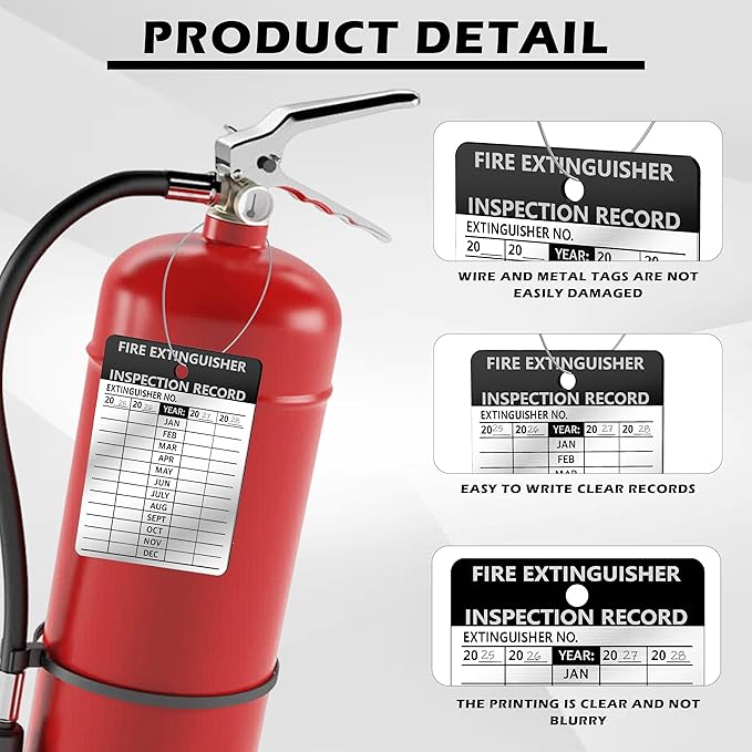 25 Pcs Waterproof Fire Extinguisher Inspection Tags Metal with Wires 2.3 x 3 Inch Durable Metal Fire Tags for Monthly Fire Safety Check Indoor Outdoor Use Weather Resistant Writeable Surface (25)