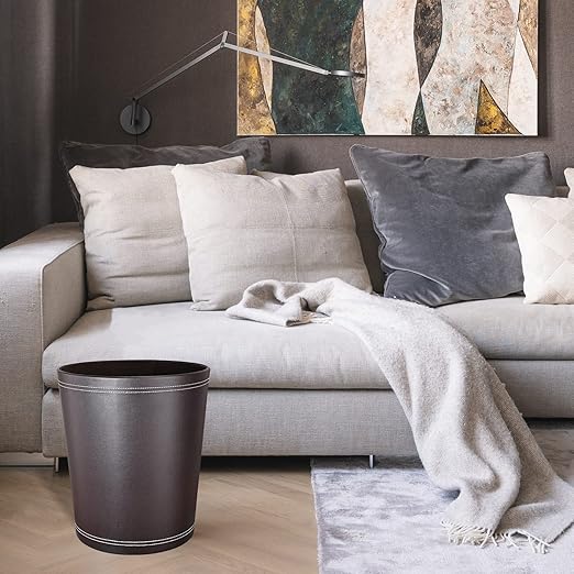 GORESE Pu Leather Trash Can for Bedroom, 2.6 Gallon Wastebasket for Office, Small Bathroom Garbage Cans for Home Decorative, Round Waste Basket Bin for Dorm Kitchen Brown