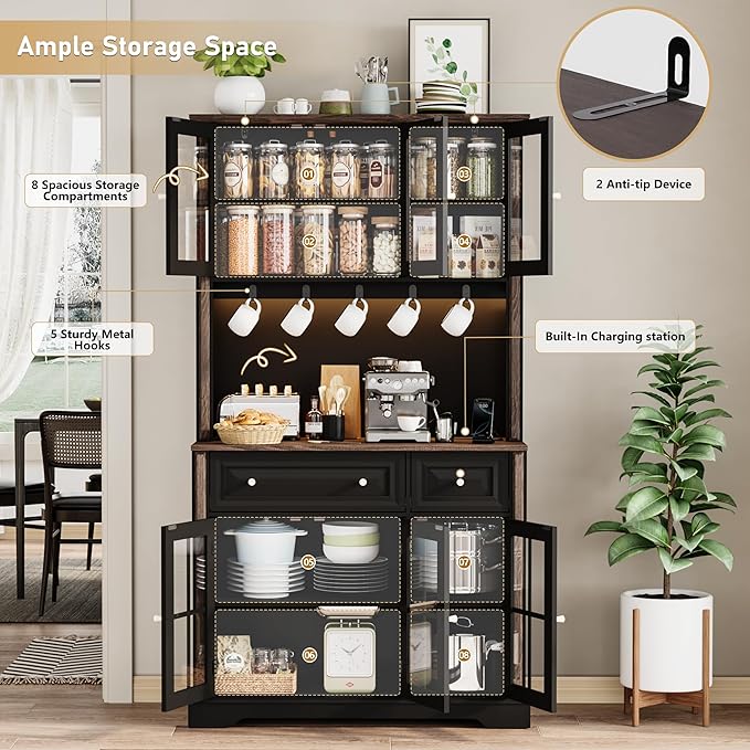 70" Kitchen Pantry Cabinet with Power Outlet| LED Lights, 38" W Kitchen Hutch Storage Cabinet with Countertop, Tall Kitchens Hutch Cabinets for Home Dining Living Room, Black