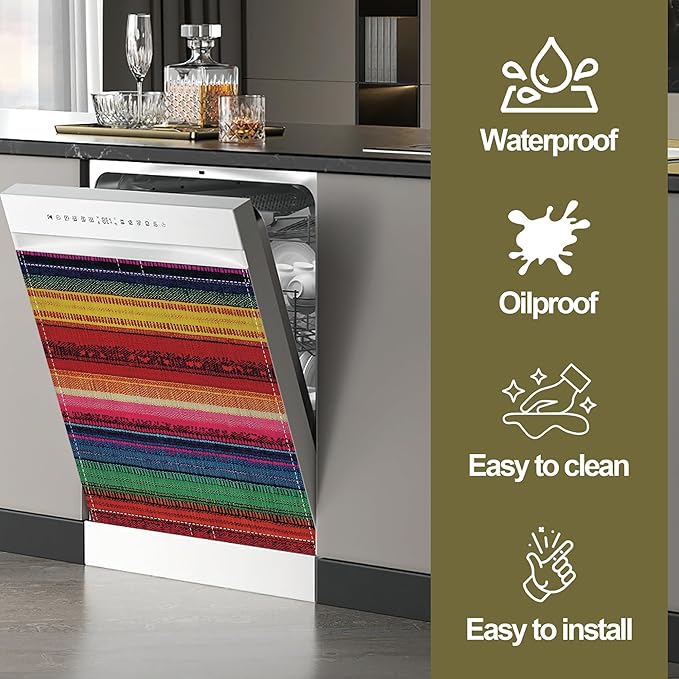 Magnetic Dishwasher Cover,Mexican Reusable Dishwasher Magnetic Cover Ethnic Stripes Rainbow Decorative Door Covers Panel for Home Kitcen 23" x 26"