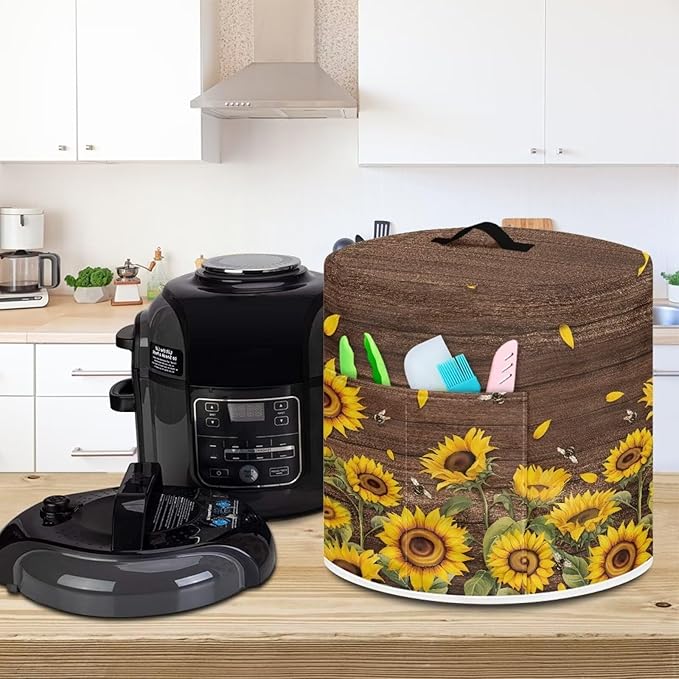 8 Quart Pressure Cooker Cover Dust-Proof Kitchen Appliance Air Fryer Cover with Handle and Pockets Keep Kitchen Appliance Clean Home Decor, Sunflower Bee Wood Grain