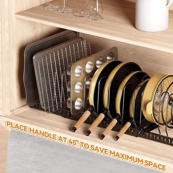 Pot and Pan Organizer Rack for Cabinet, Expandable Pot Lid Organizer Holder with 12 Adjustable Compartment for Kitchen Cutting Board, Pan Lid, Cabinet Cookware Baking