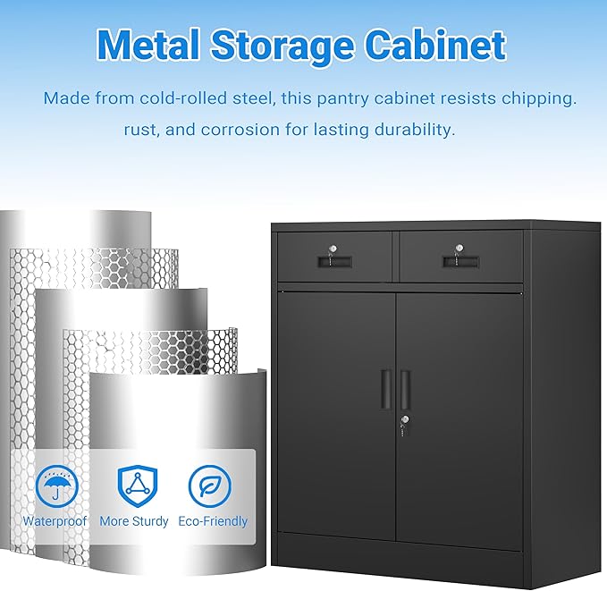 BESFUR Metal Storage Cabinet with Doors and Shelves, 36" H Locking Storage Cabinet with 2 Drawers, Black Metal Cabinets for Garage, Office, Home