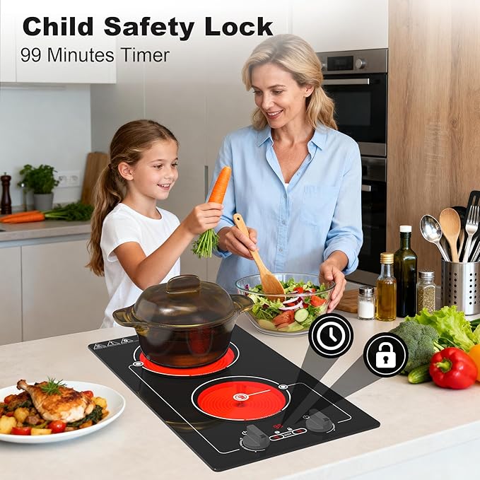 VBGK Electric cooktop,Built-in Design and Countertop Stove Top with Knob Control&Touch Control,9 Power Level, Timer & Kid Safety Lock,110-120V 2100W 2 burner Electric cooktop