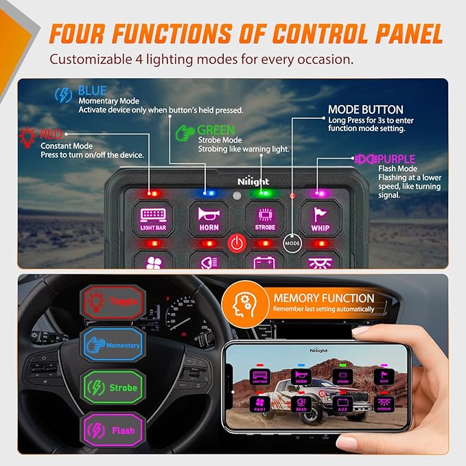 Nilight 8 Gang Switch Panel Circuit Control Relay System APP RGB Backlight Fuse Wiring Harness Toggle Momentary Strobe Flash Modes Automatic Dimmable 12V 24V for Car Truck Camper SUV