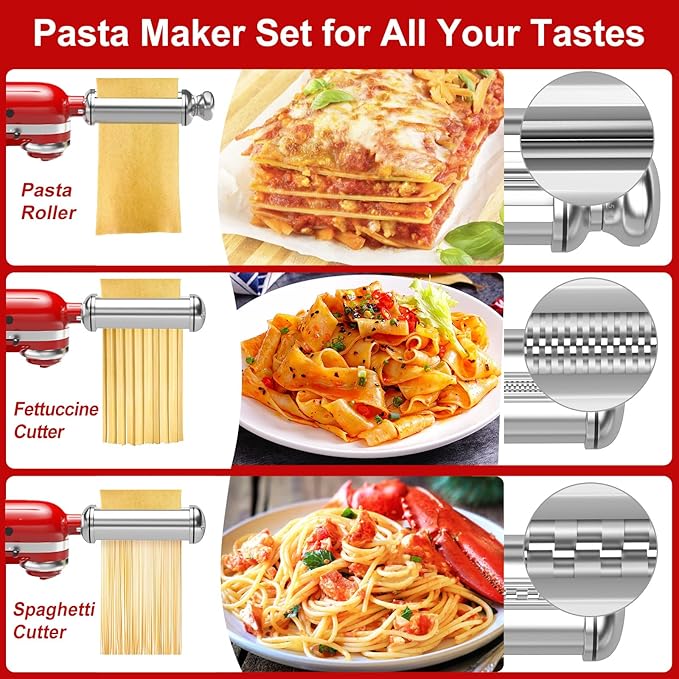 3PCS Pasta Maker Attachment for All Kitchenaid Stand Mixers, Stainless Steel Pasta Attachments Include Spaghetti Cutter & Fettuccine Cutter, Pasta Roller with 8 thickness knob