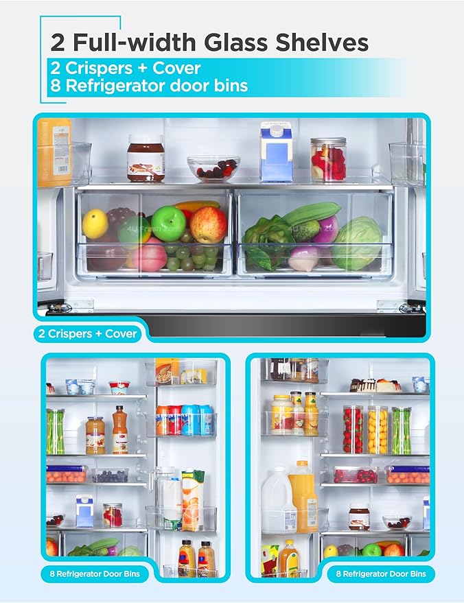 BLACK+DECKER 18 Cu. Ft. French Door Refrigerator with Built-in Ice Maker, Full Size Refrigerator with Bottom Mount Freezer Drawer, Frost Free, ENERGY STAR certified, BRF1800GIMB, Black