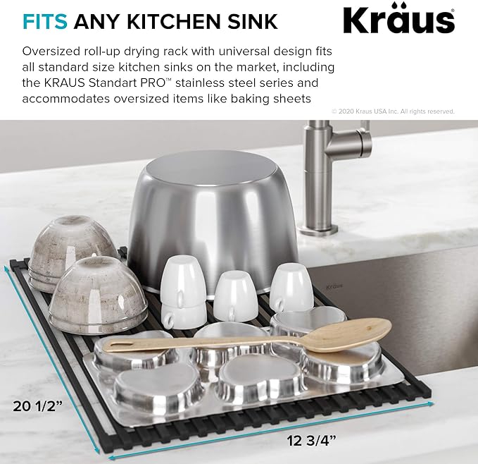 Kraus Multipurpose Over-Sink Roll-Up Dish Drying Rack, Colander and Trivet in Dark Grey, KRM-10DG