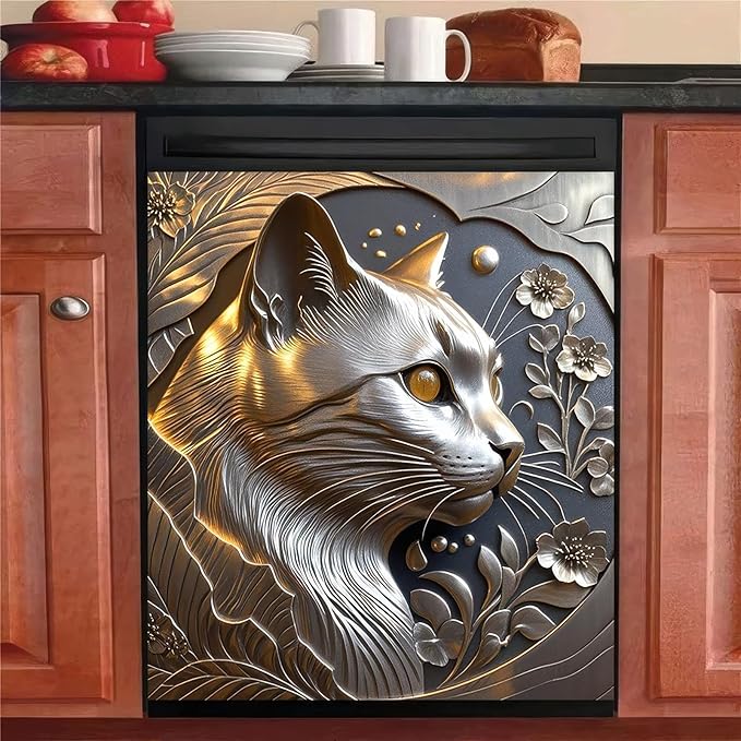 Metal Cat Dishwasher Cover Magnet Kitchen Decor 23x26 Inch Funny Cat Dishwasher Magnet Cover Front Door Panel Decal Sticker for Country Farmhouse Fridge Door Kitchen Decoration