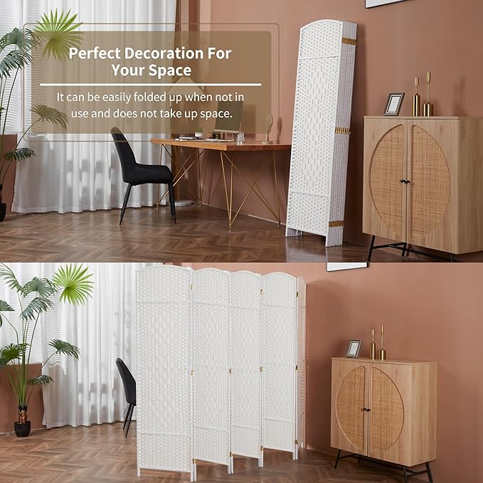 Duraspace 8 Panels Room Divider 6 FT Tall Weave Fiber Privacy Screen Freestanding Double Hinged Folding Screen Extra Wide Room Dividers for Patio Privacy (Off White)