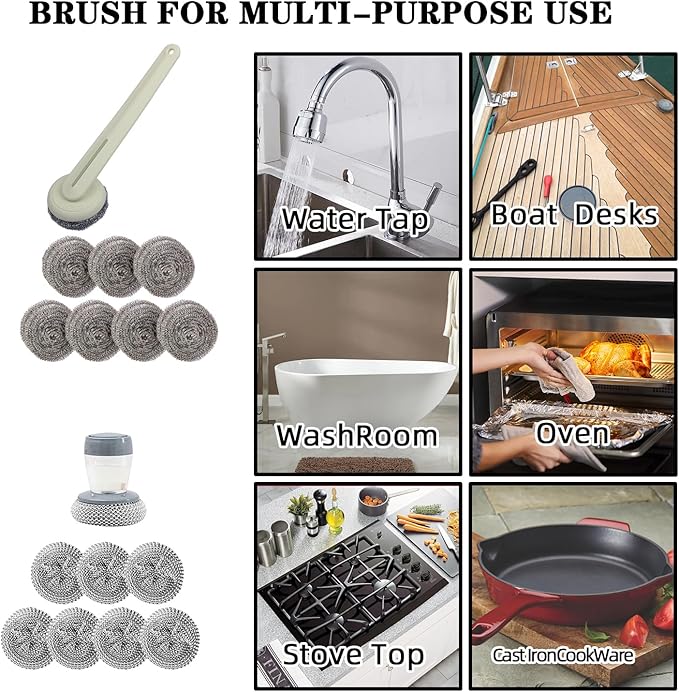 Stainless Steel Wool Brush Dish Scrubber with Handle Replacement Heads - Steel Scrubbing Scouring Pad Set of 16, Kitchen Cleaning Metal Dish Scrubber for Washing Dishes Grate Pot Pan Sink