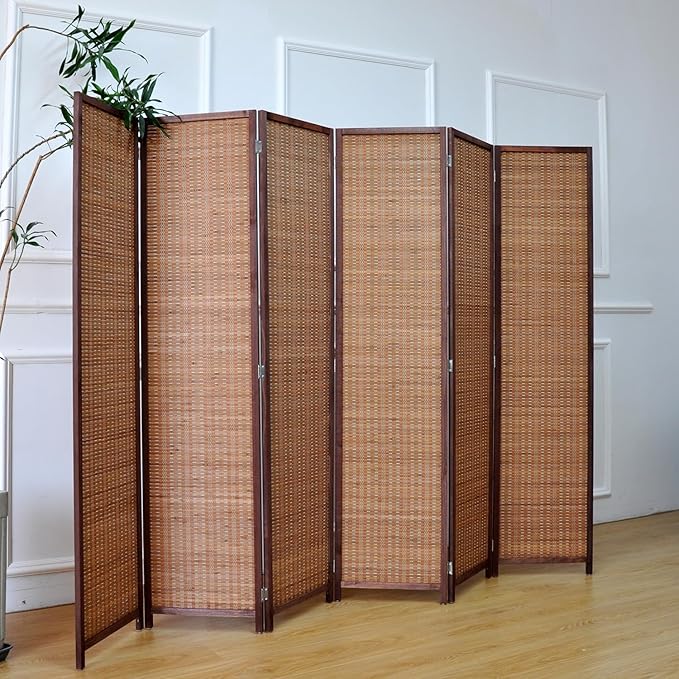 6 Panel Bamboo Room Divider and Folding Panel Screen,Bamboo Panel Divider for Room Separation,Brown,67" H x 92.1" W