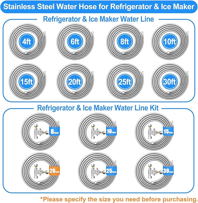 Fridge Water Line Kit - 20FT Premium Stainless Steel Braided Refrigerator Water Line with Tee Stop Valve,Foodgrade PEX Inner Tube Ice Maker Water Line with 1/4" Fittings for Refrigerator Ice Maker