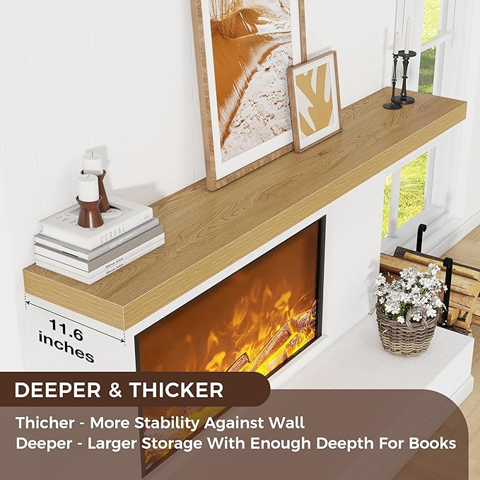 Floating Shelves for Wall 72"W x 11.6"D x 2"H, Long Engineered Wood Wall Shelves with Invisible Brackets for Living Room Bedroom Bathroom Office Kitchen Decor and Storage, Oak Finish, Set of 1