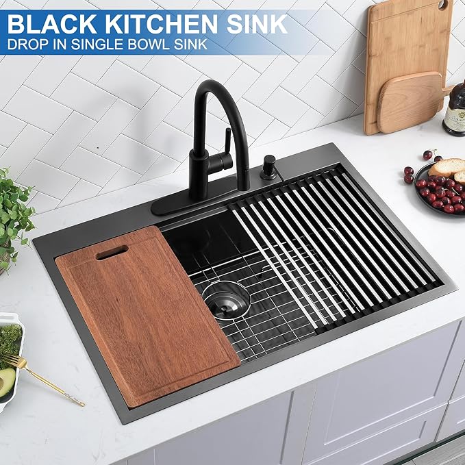 Scamall 33x22x10 Drop In Kitchen Sink Workstation, Nano Black 304 Stainless Steel Deep Single Bowl with Quick Drainage & Tarnish-Free Surface for Bar, Laundry, RV, Includes Accessories