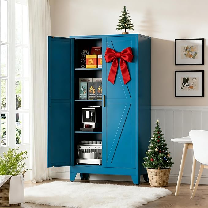 Blue Metal Kitchen Pantry Cabinet, 61" Tall Farmhouse Storage Cabinet with 2 Vintage Barn Doors and 4 Adjustable Shelves, Rustic Freestanding Cupboard for Kitchen,Home Office Living Room,Dining Room